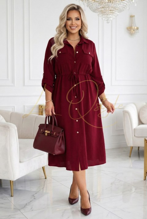 651-2 Szmizjerka - koszulowa sukienka midi z guzikami i paskiem - bordowa