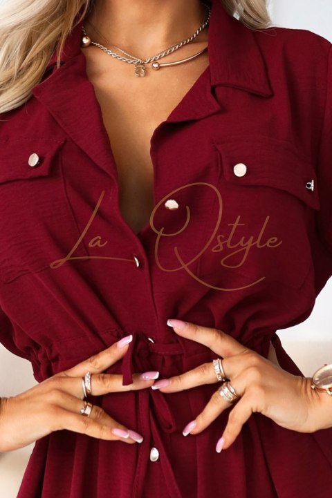 651-2 Szmizjerka - koszulowa sukienka midi z guzikami i paskiem - bordowa