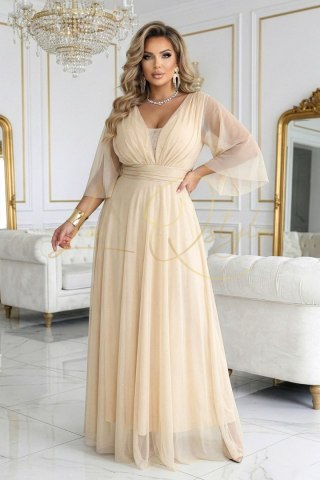 Długa połyskująca sukienka plus size z dekoltem i transparentnym rękawkiem SZAMPAŃSKI BEŻ