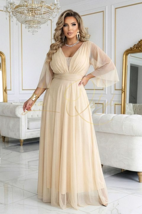 Długa połyskująca sukienka plus size z dekoltem i transparentnym rękawkiem SZAMPAŃSKI BEŻ