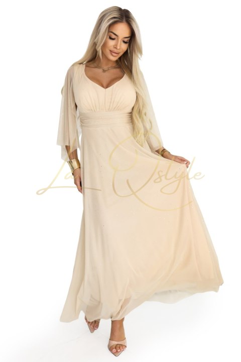 655-4 Długa połyskująca w świetle suknia z dekoltem i transparentnym rękawkiem - szampański beż