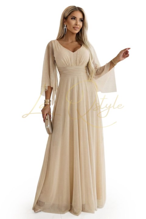 655-4 Długa połyskująca w świetle suknia z dekoltem i transparentnym rękawkiem - szampański beż