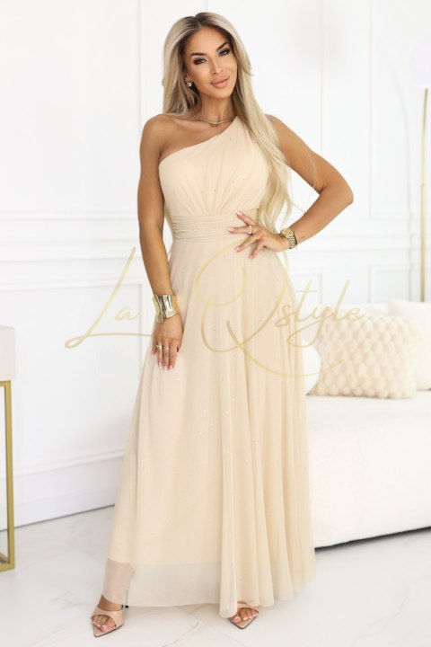Długa błyszcząca suknia wieczorowa na jedno ramię SZAMPAŃSKI BEŻ