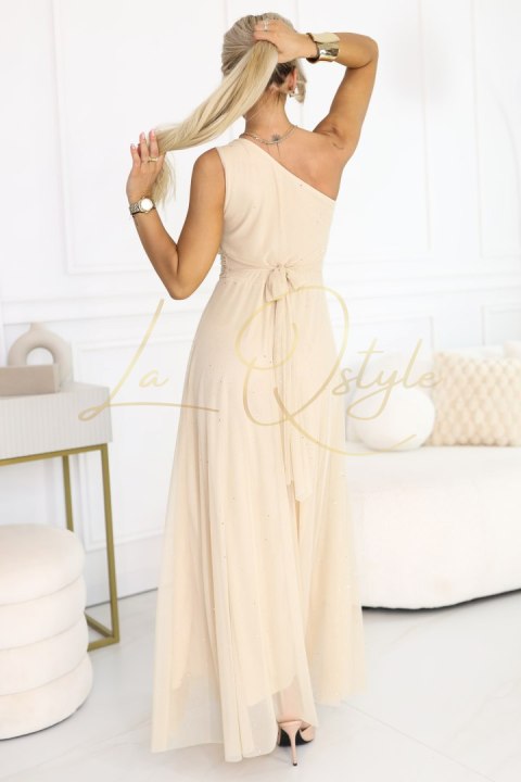 Długa błyszcząca suknia wieczorowa na jedno ramię SZAMPAŃSKI BEŻ