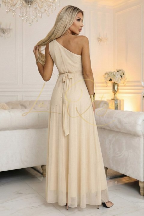 Długa błyszcząca suknia wieczorowa na jedno ramię SZAMPAŃSKI BEŻ