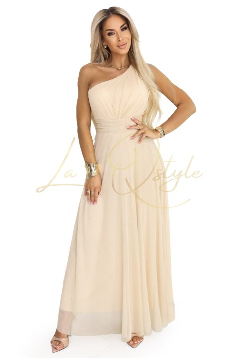 Długa błyszcząca suknia wieczorowa na jedno ramię SZAMPAŃSKI BEŻ