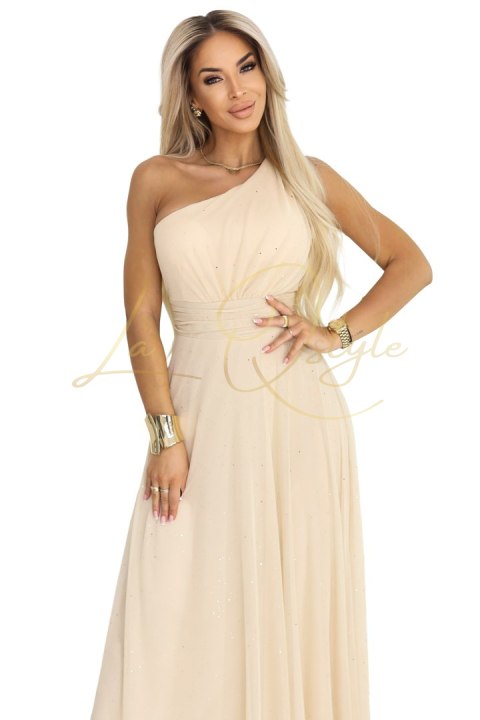Długa błyszcząca suknia wieczorowa na jedno ramię SZAMPAŃSKI BEŻ