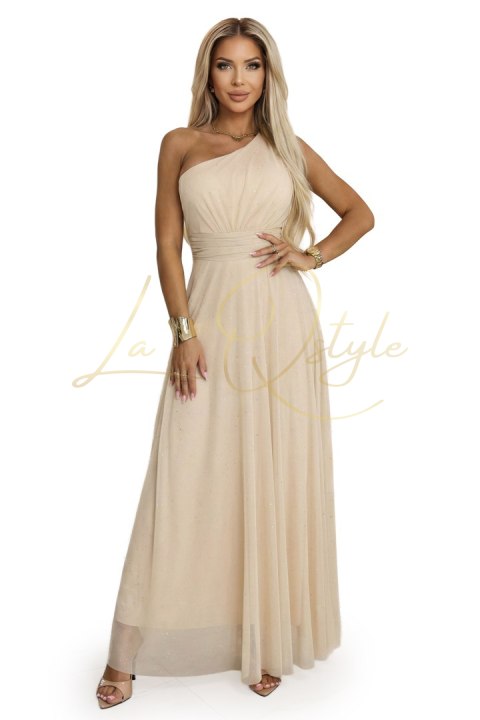 Długa błyszcząca suknia wieczorowa na jedno ramię SZAMPAŃSKI BEŻ