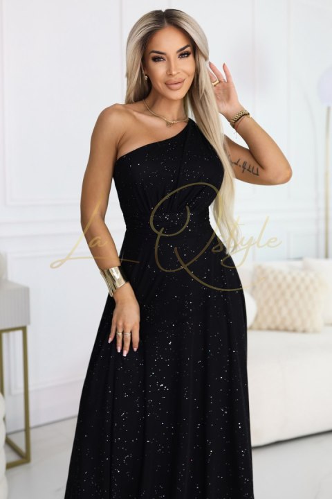 656-3 Długa błyszcząca suknia wieczorowa na jedno ramię - klasyczna czerń