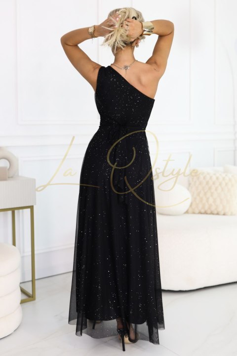 656-3 Długa błyszcząca suknia wieczorowa na jedno ramię - klasyczna czerń