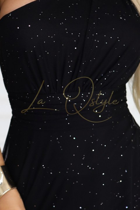 656-3 Długa błyszcząca suknia wieczorowa na jedno ramię - klasyczna czerń