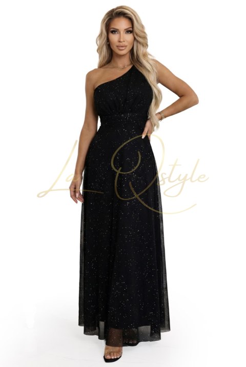 656-3 Długa błyszcząca suknia wieczorowa na jedno ramię - klasyczna czerń