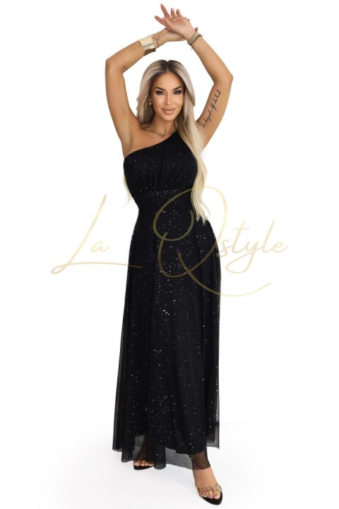 656-3 Długa błyszcząca suknia wieczorowa na jedno ramię - klasyczna czerń