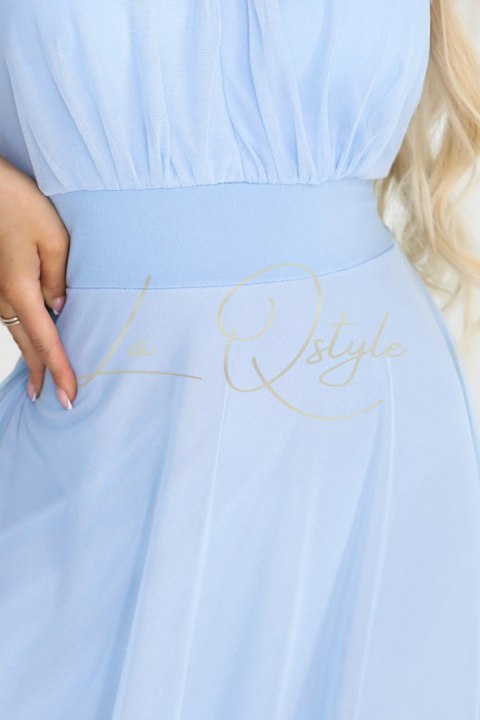 Elegancka sukienka wieczorowa maxi halter z tiulem i wiązaniem w talii BŁĘKITNA