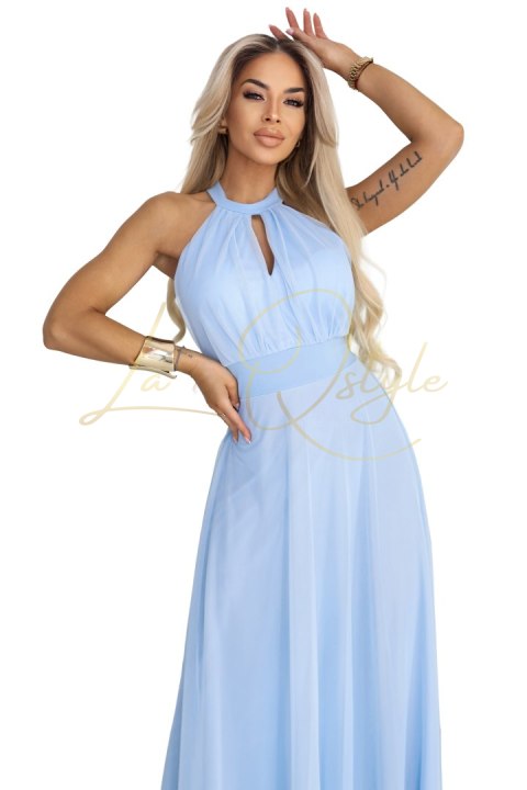 Elegancka sukienka wieczorowa maxi halter z tiulem i wiązaniem w talii BŁĘKITNA
