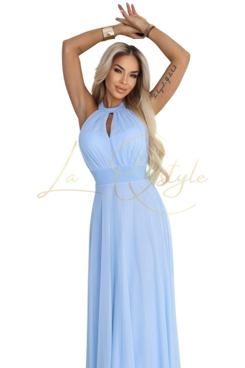 Elegancka sukienka wieczorowa maxi halter z tiulem i wiązaniem w talii BŁĘKITNA
