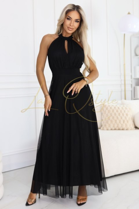 Elegancka sukienka wieczorowa maxi halter z tiulem i wiązaniem w talii CZARNA