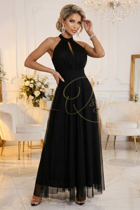 Elegancka sukienka wieczorowa maxi halter z tiulem i wiązaniem w talii CZARNA