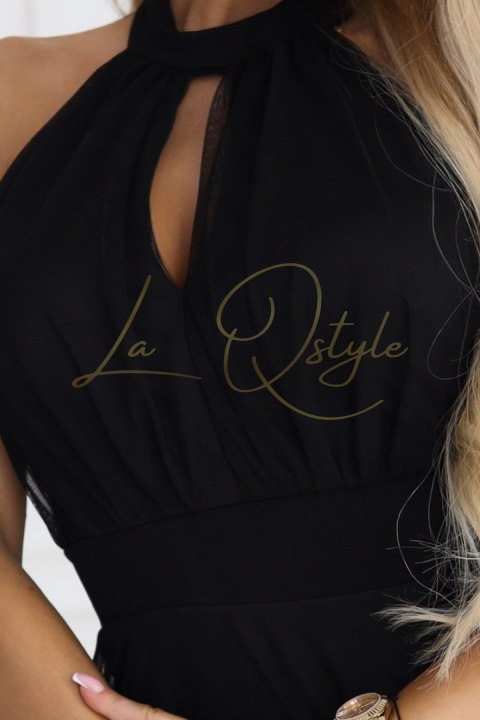 Elegancka sukienka wieczorowa maxi halter z tiulem i wiązaniem w talii CZARNA