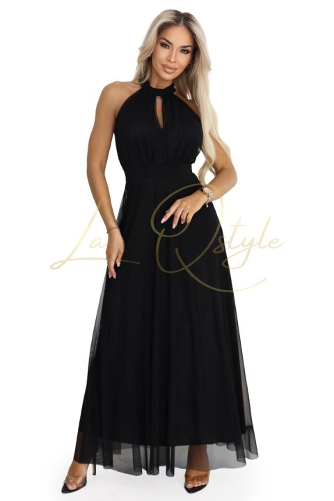 Elegancka sukienka wieczorowa maxi halter z tiulem i wiązaniem w talii CZARNA