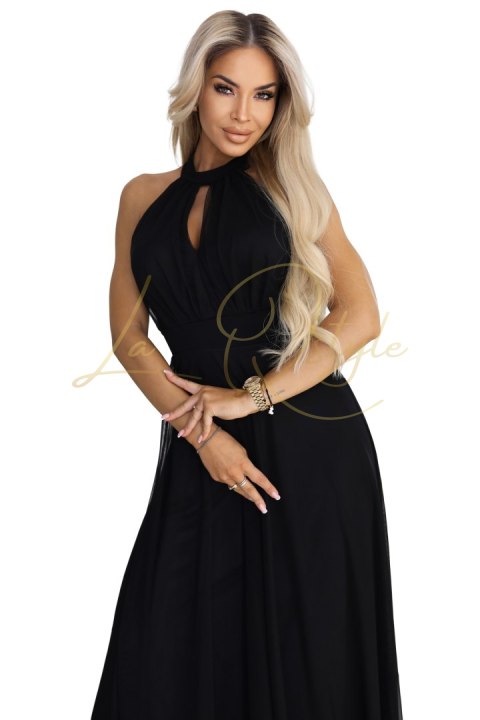 Elegancka sukienka wieczorowa maxi halter z tiulem i wiązaniem w talii CZARNA