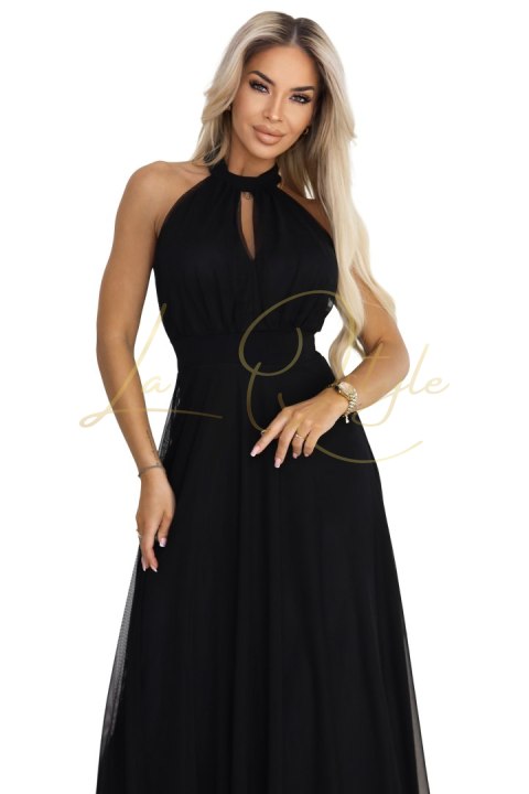 Elegancka sukienka wieczorowa maxi halter z tiulem i wiązaniem w talii CZARNA