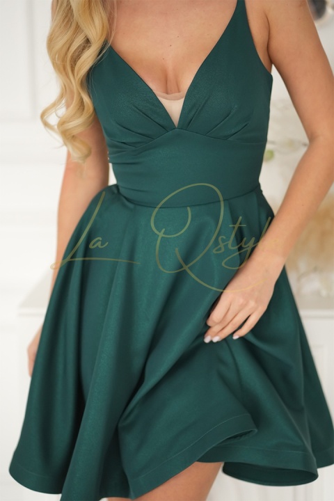 Brokatowa mini sukienka z gorsetem i wiązaniem na plecach BUTELKOWA ZIELEŃ