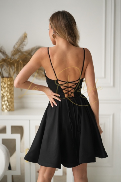 Brokatowa mini sukienka z gorsetem i wiązaniem na plecach CZARNA