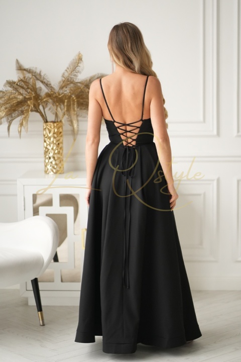 ALIAH długa sukienka wieczorowa z gorsetem i wiązaniem na plecach CZARNA