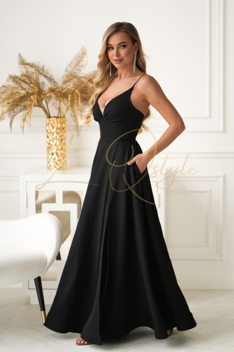ALIAH długa sukienka wieczorowa z gorsetem i wiązaniem na plecach CZARNA