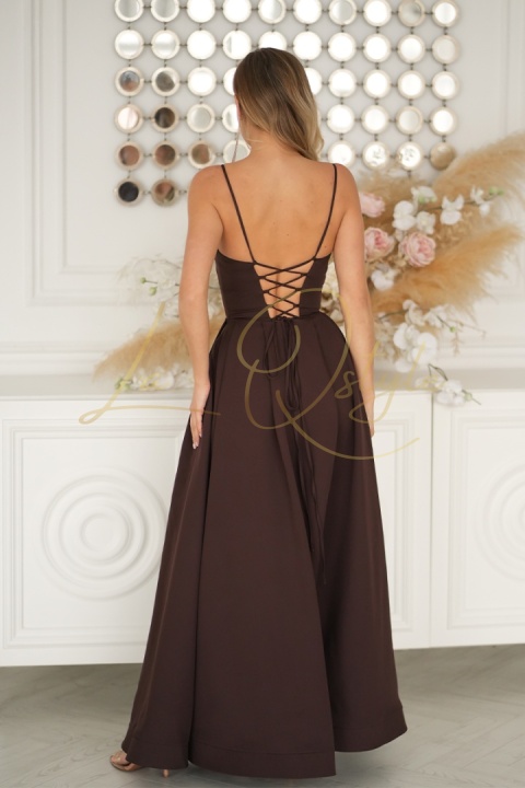 ALIAH długa sukienka wieczorowa z gorsetem i wiązaniem na plecach CZEKOLADOWA