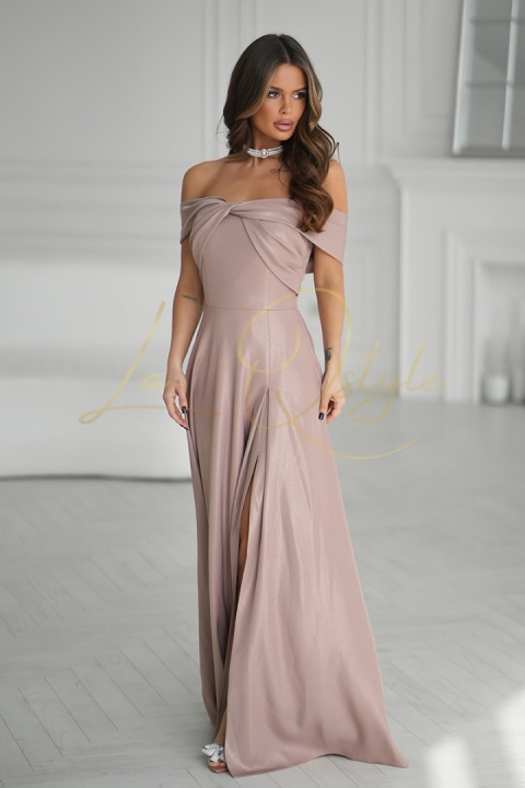 MELISSA błyszcząca maxi sukienka w stylu hiszpańskim CAMEL