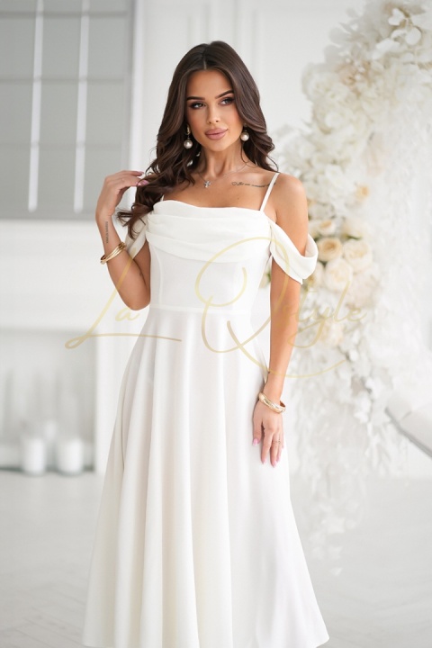 FLORFI sukienka midi z hiszpańskim dekoltem ECRU