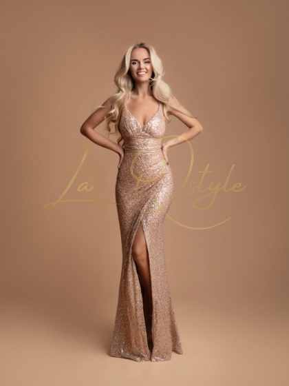 LAURA cekinowa dopasowana sukienka z rozcięciem i wiązaniem na plecach ZŁOTA