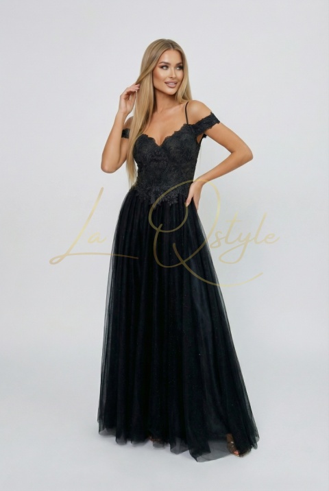 Brokatowa sukienka tiulowa z koronką księżniczka CZARNA