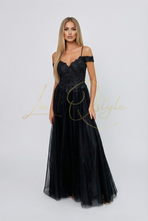Brokatowa sukienka tiulowa z koronką księżniczka CZARNA