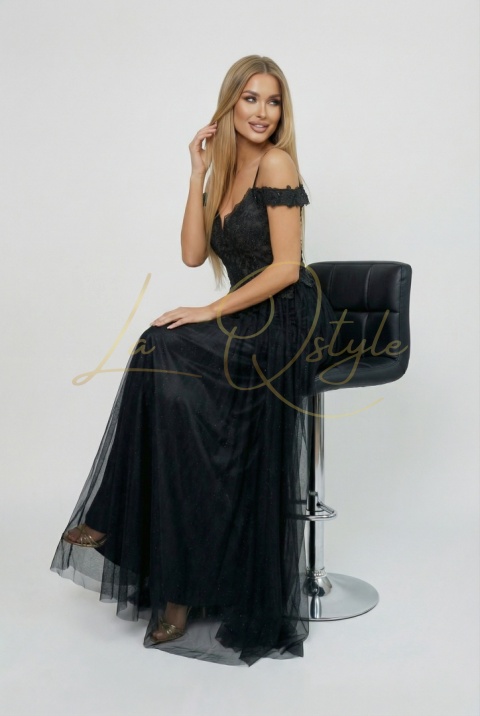 Brokatowa sukienka tiulowa z koronką księżniczka CZARNA