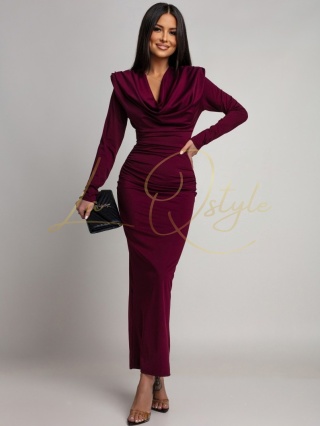 LYDIA dopasowana sukienka maxi z długim rękawem i marszczeniami BORDOWA