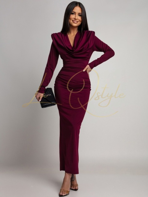 Dopasowana sukienka maxi z długim rękawem i marszczeniami BORDOWA