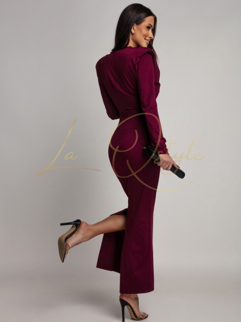 Dopasowana sukienka maxi z długim rękawem i marszczeniami BORDOWA