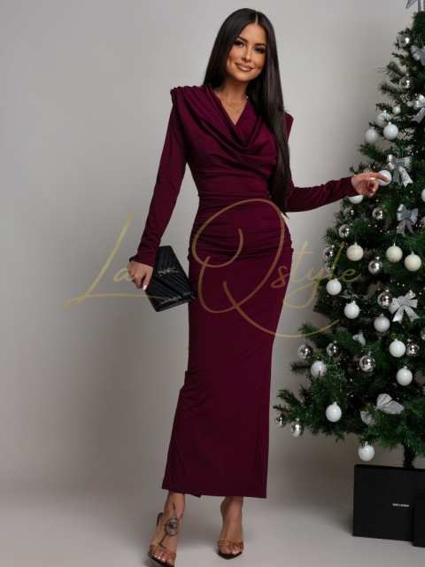 Dopasowana sukienka maxi z długim rękawem i marszczeniami BORDOWA