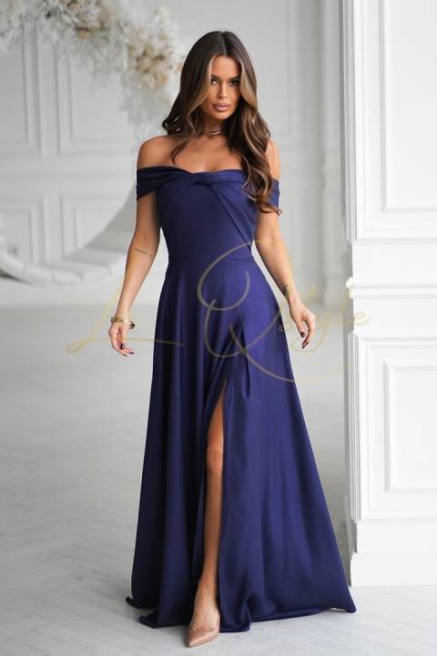 MELISSA błyszcząca maxi sukienka w stylu hiszpańskim GRANATOWA