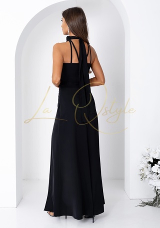 ROXAN dopasowana, gładka sukienka z rozcięciem i wiązaniem na szyi halter CZARNA