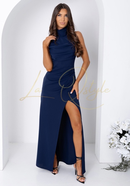 ROXAN dopasowana, gładka sukienka z rozcięciem i wiązaniem na szyi halter GRANATOWA