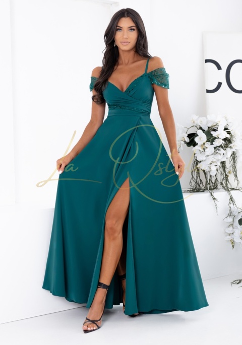 Sukienka z cekinowymi wstawkami i hiszpańskim dekoltem BUTELKOWA ZIELEŃ