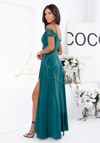 VALENTINA sukienka z cekinowymi wstawkami i hiszpańskim dekoltem BUTELKOWA ZIELEŃ