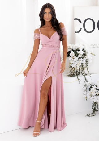 VALENTINA sukienka z cekinowymi wstawkami i hiszpańskim dekoltem PUDROWY RÓŻ