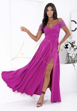 VALENTINA sukienka z cekinowymi wstawkami i hiszpańskim dekoltem MAGENTA