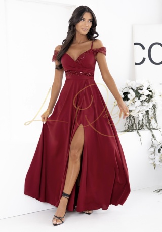 VALENTINA sukienka z cekinowymi wstawkami i hiszpańskim dekoltem BORDOWA