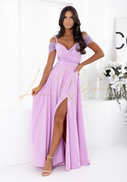 VALENTINA sukienka z cekinowymi wstawkami i hiszpańskim dekoltem LILA